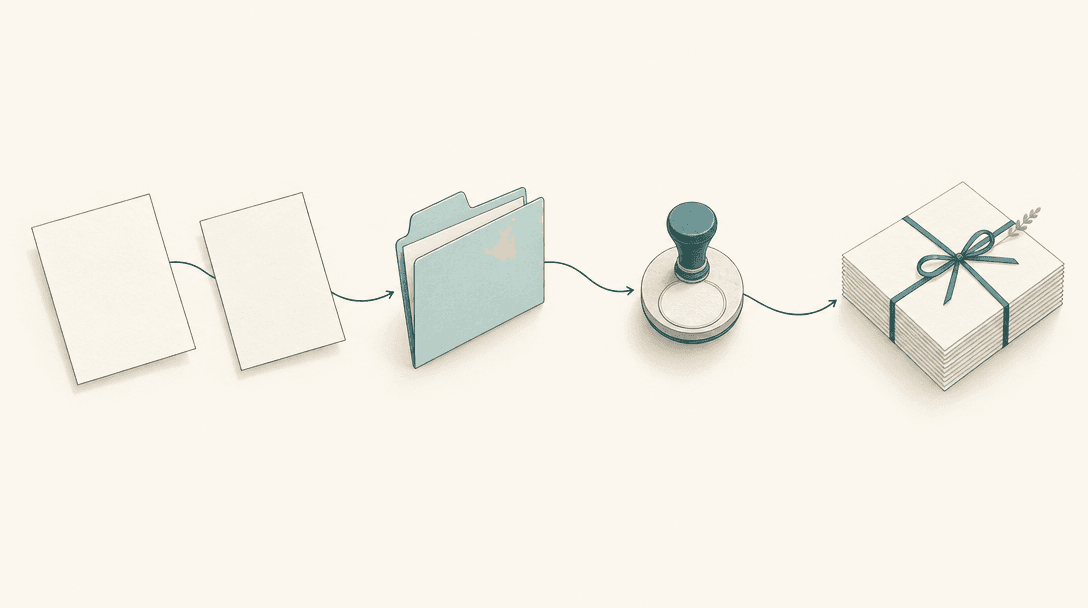Illustrated papers moving through authentication into a finished document folder